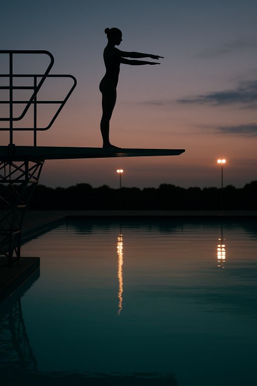 Lone diver on high board over pool