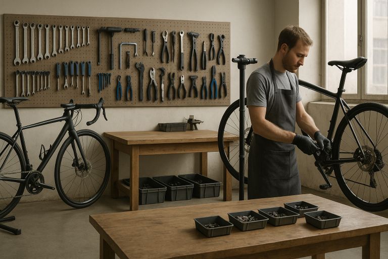 Bicycle workshop with hanging tools