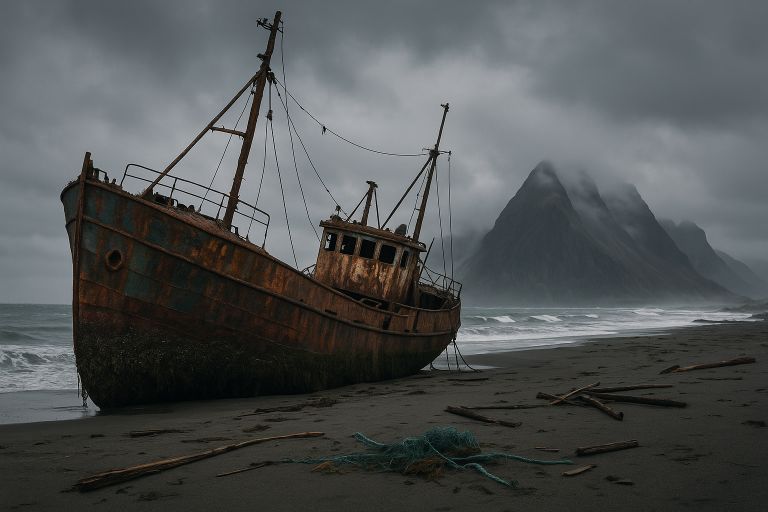 Rusty shipwreck on a deserted beach