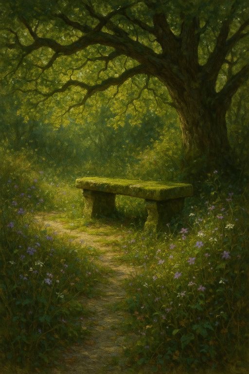 mossy stone bench under leafy branches