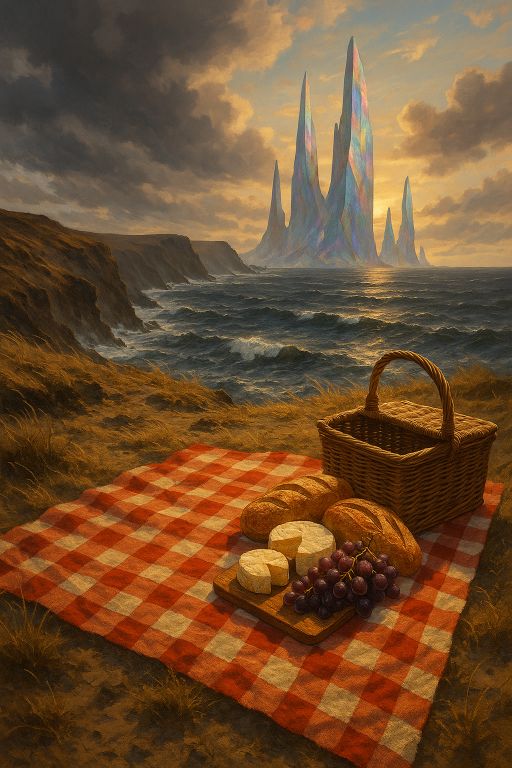 Checkered blanket and basket on a clifftop