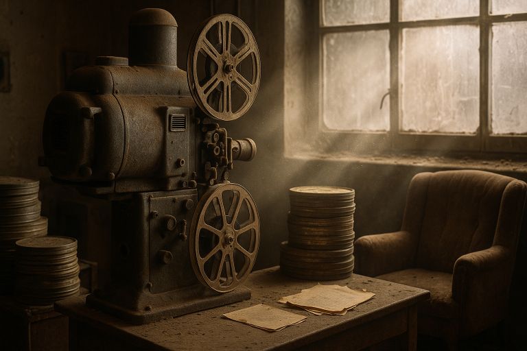 Old film projector in dusty room