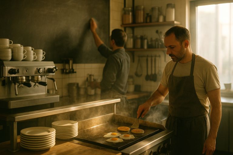 plates pass over sizzling griddle