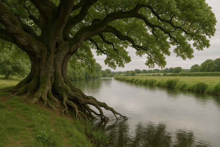 gnarled oak over slow river