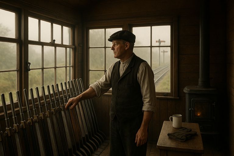 polished levers in wooden signal box