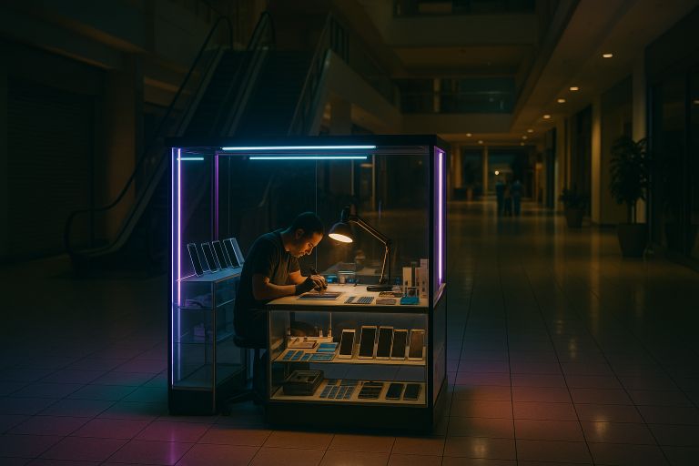 neon lit phone repair kiosk