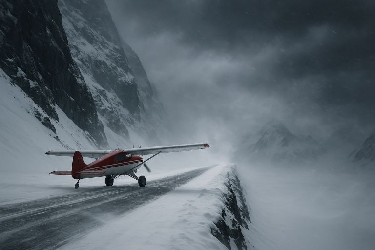 Small plane on snowy mountain runway