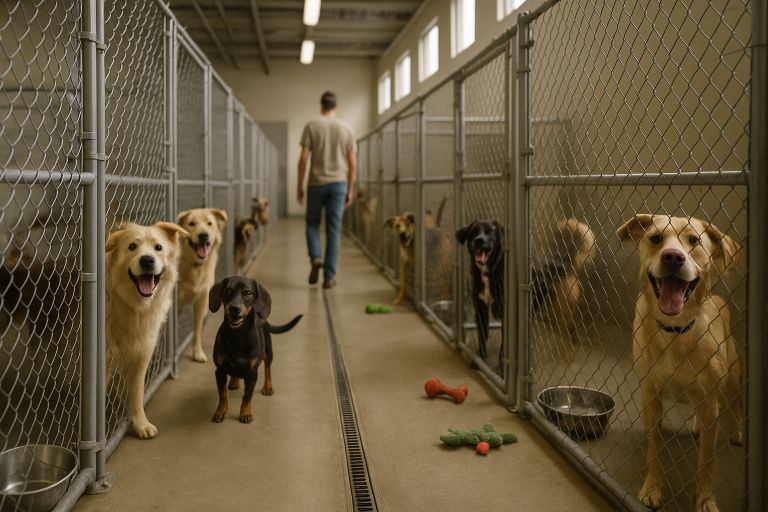 Kennel row with excited rescue dogs