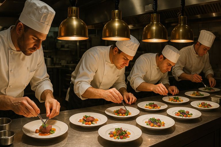 Chefs plating food under heat lamps