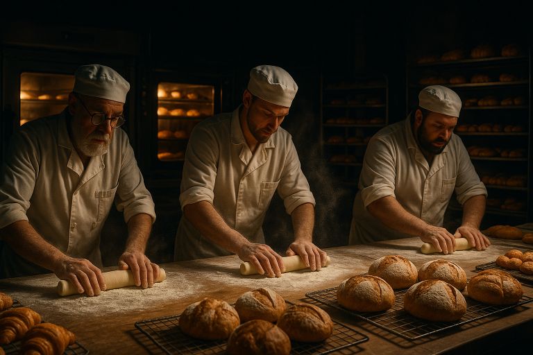 Bakers rolling dough on floured surfaces