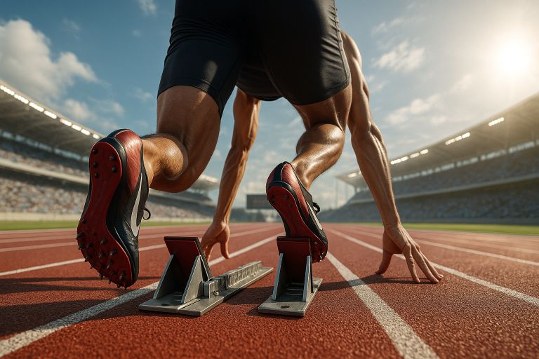 Runners feet poised in starting blocks
