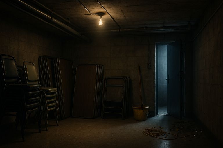 Dim storeroom with stacked chairs