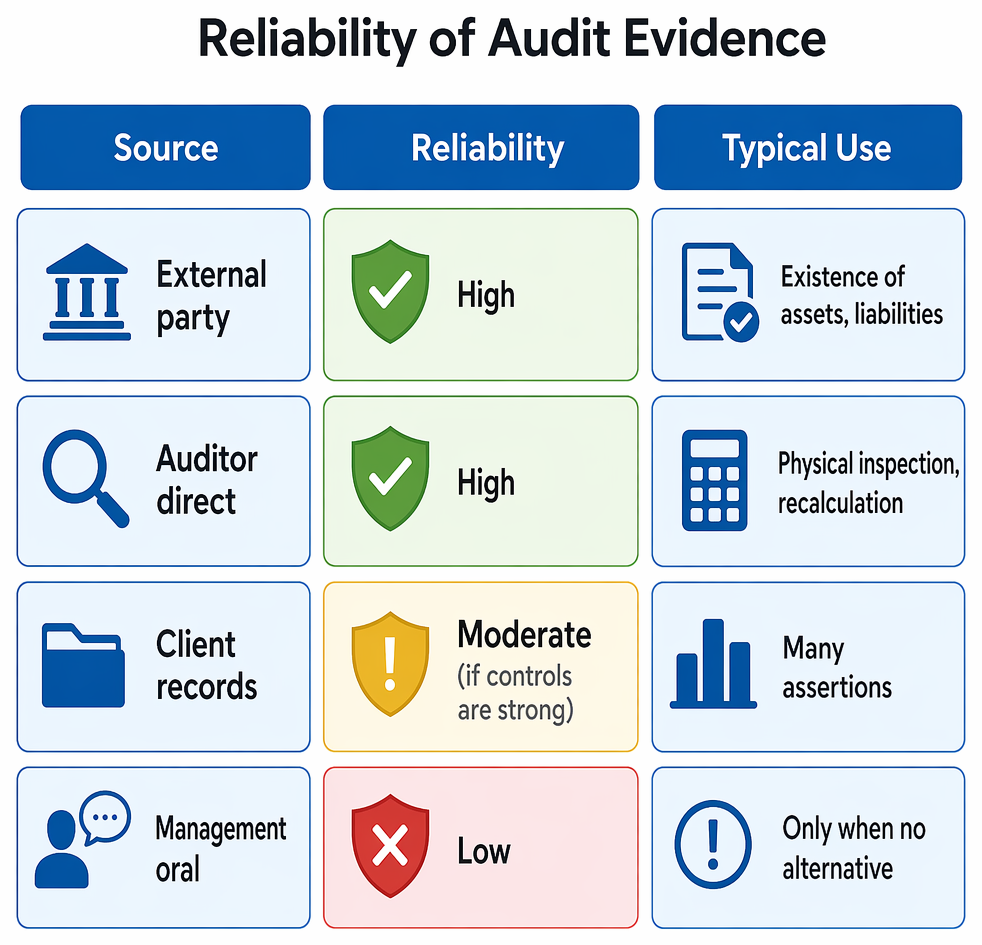 Audit evidence divided into sufficiency factors and appropriateness criteria, including assertion relevance and a reliability hierarchy from external confirmations to management enquiry.