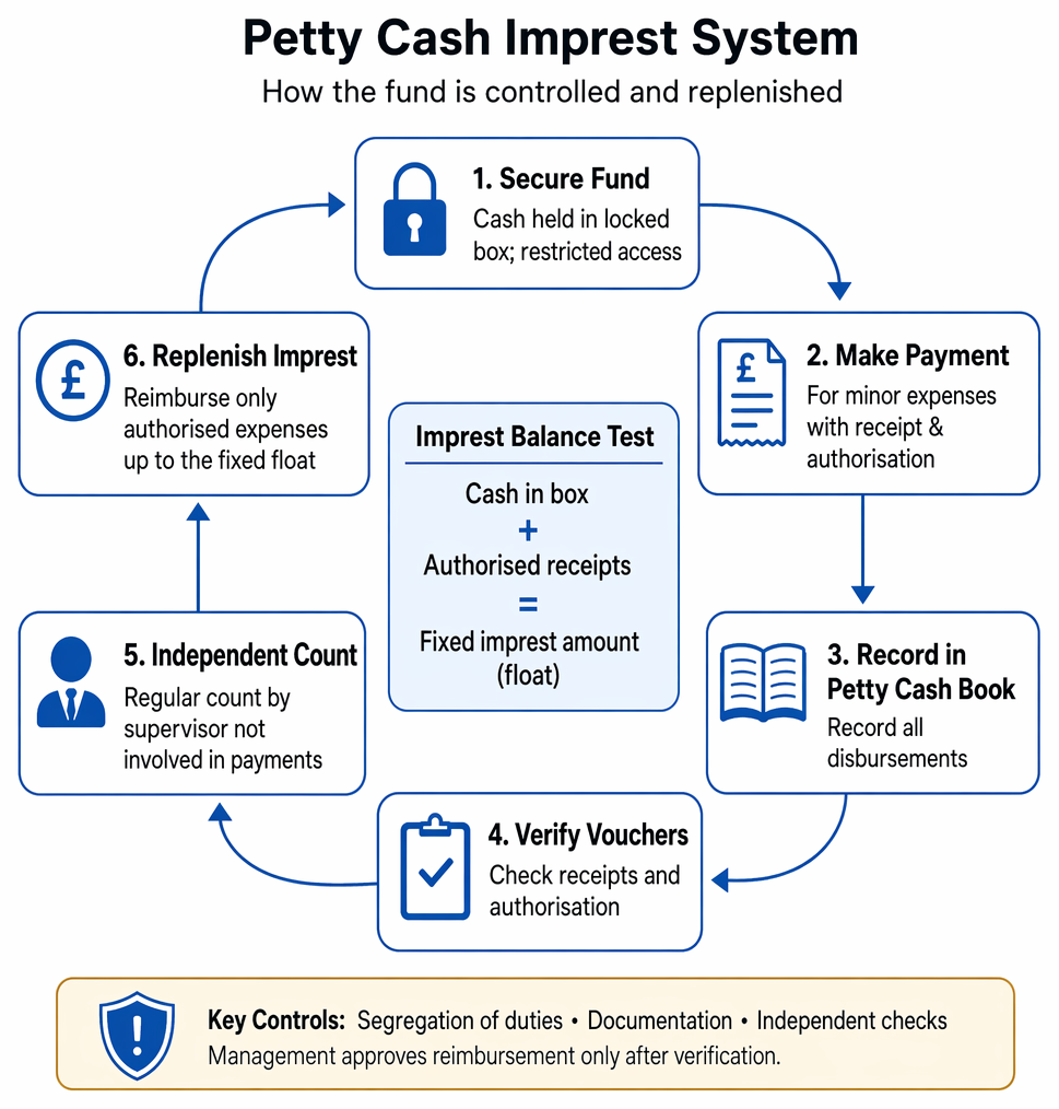 Bank reconciliation process from cash book and bank statement balances through timing differences, outstanding items, error correction, reconciliation statement, and independent review.