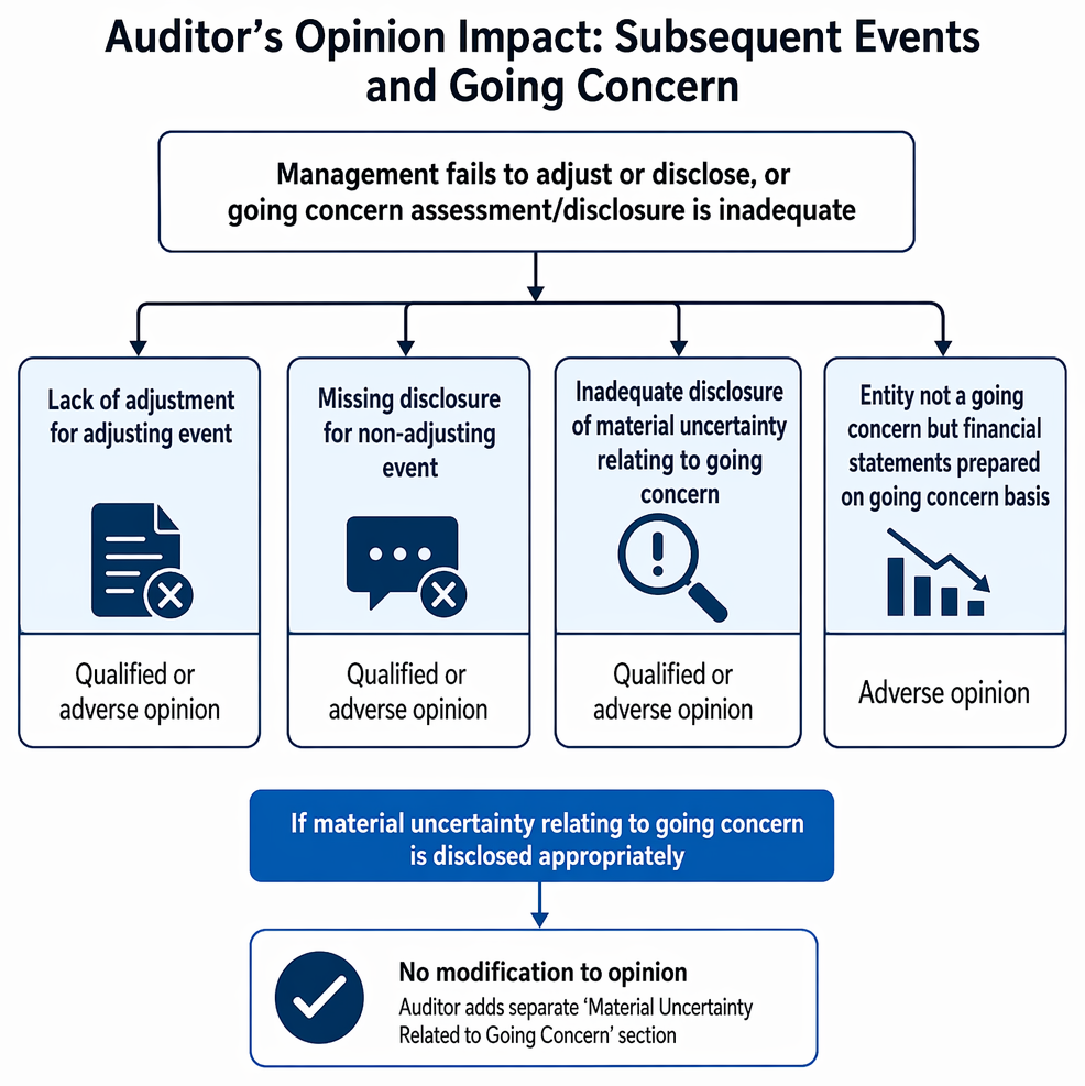 Subsequent event audit procedures from period end to the auditor's report date, including enquiries, record reviews, and resulting adjustment or disclosure decisions.