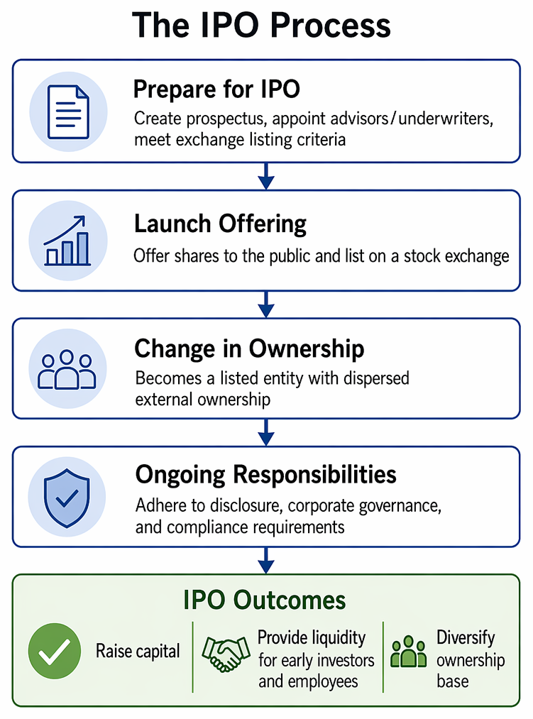 Venture capital investment process from deal sourcing and term sheet through due diligence, milestone-based funding, active investor involvement, and exit by sale or IPO.