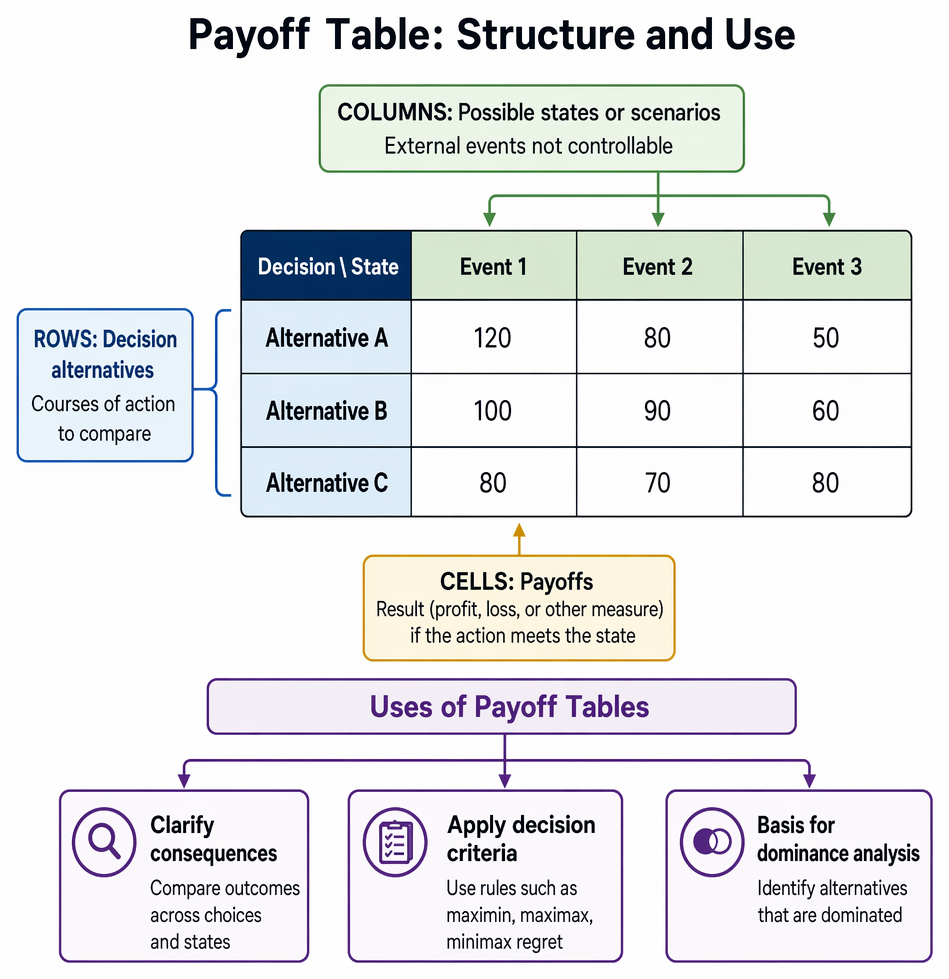Dominance testing for two payoff-table alternatives by state, identifying strict dominance or no dominance.