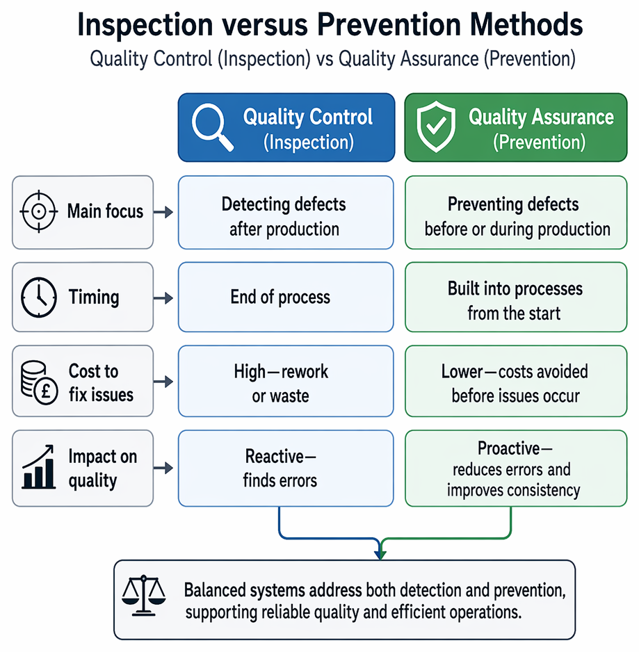Quality management decision cycle distinguishing assurance and control methods, from prevention or detection through monitoring and adjustment.