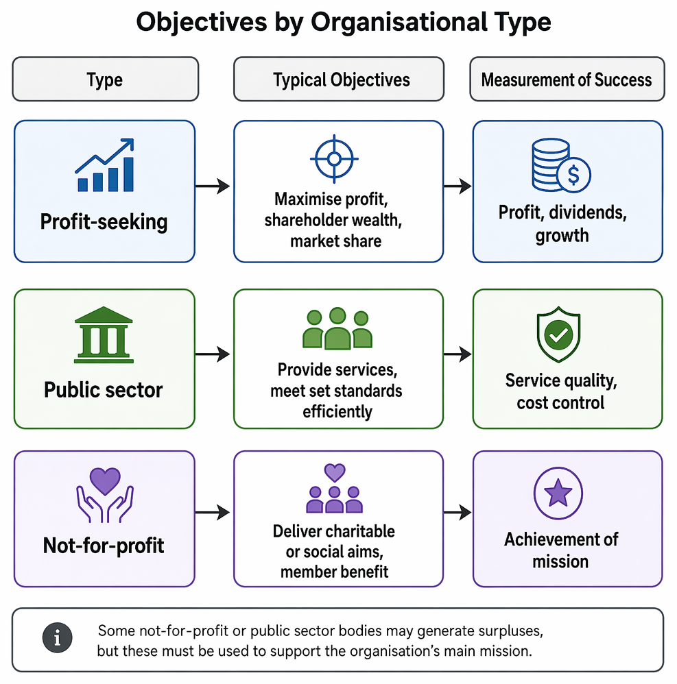 Private, public, and third-sector organisations classified by primary objectives and typical organisational forms, including sole traders, government services, charities, NGOs, clubs, and cooperatives.