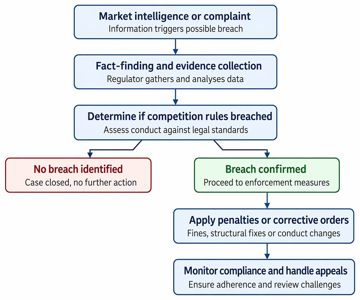 Competition enforcement process from market scan or report through investigation, infringement assessment, case closure, remedies, compliance monitoring, and appeals.