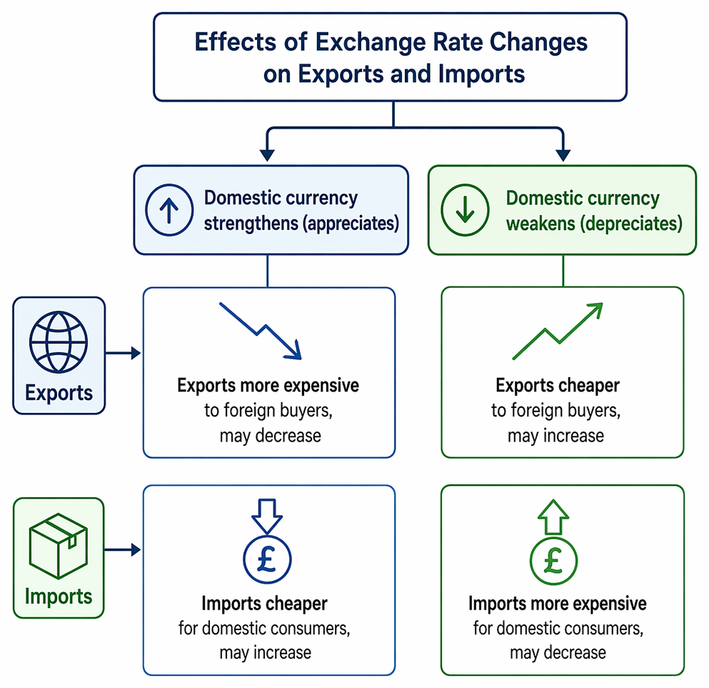 Currency appreciation and depreciation effects on export and import prices, with resulting changes in export volumes and import volumes.