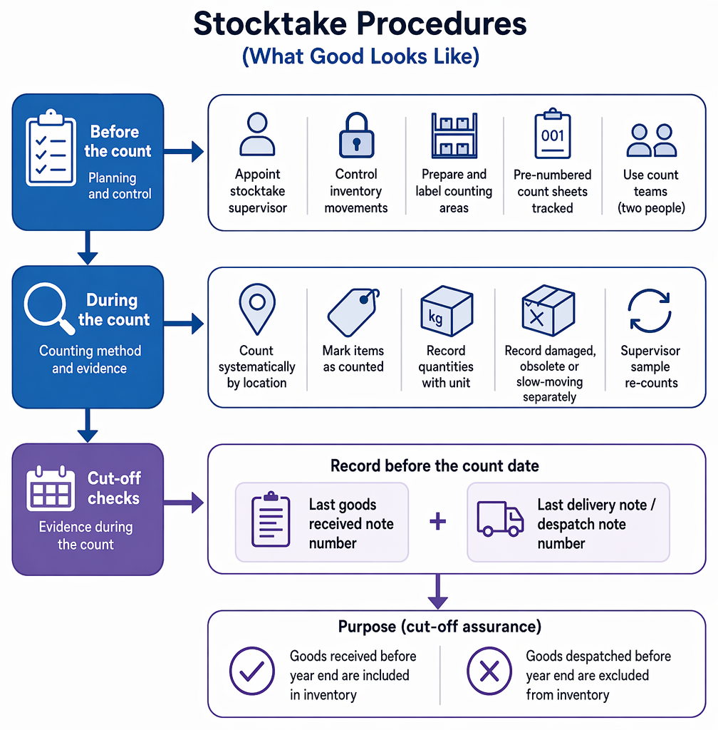 Inventory stocktake procedures, cut-off controls, variance investigation, and write-down adjustments measured at lower of cost and NRV.