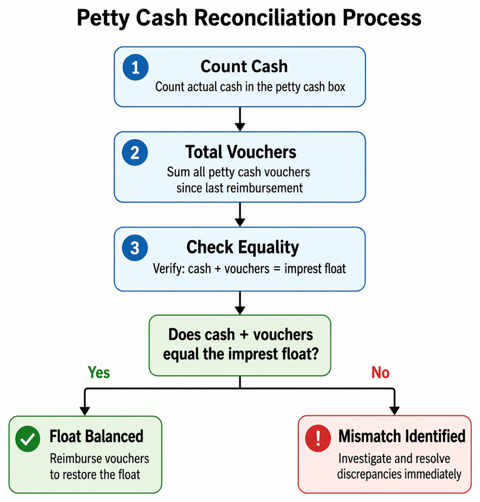 Petty cash imprest reconciliation process linking cash count, voucher totals, comparison with the fixed float, discrepancy investigation, and reimbursement.