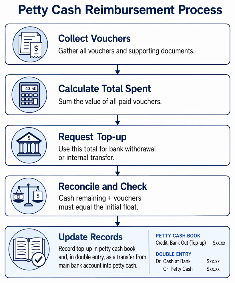 Petty cash reimbursement authorisation process from voucher receipt and evidence checks to payment, rejection, or manager approval.