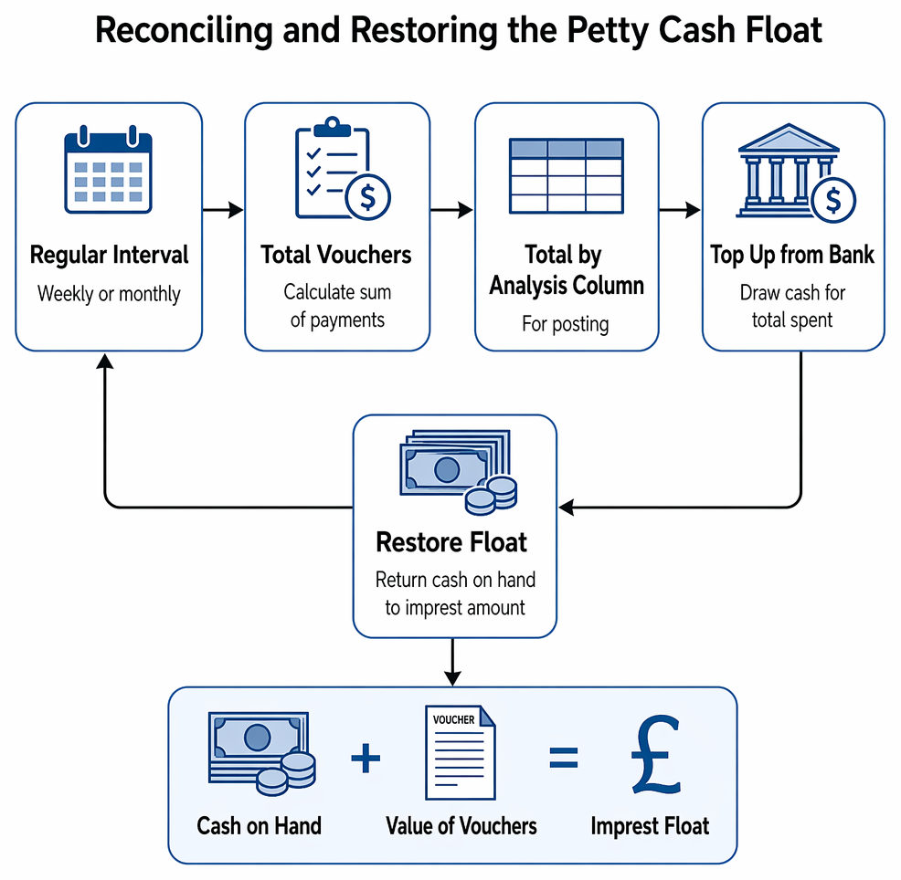 Petty cash voucher approval process covering signatures, supporting evidence, tax receipt details, authorisation, and reimbursement or rejection of claims.