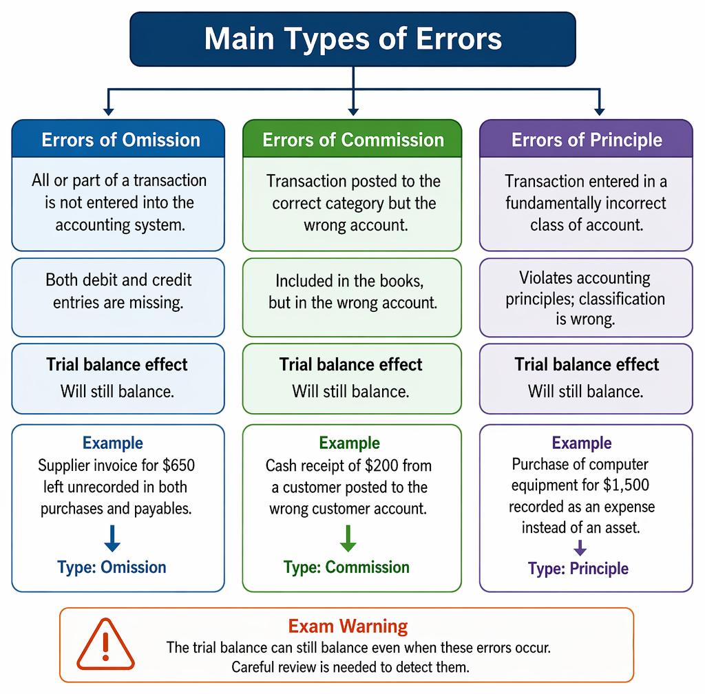Correction procedures for errors of omission, commission, and principle, from classification through journal adjustment, ledger and subledger posting, and reconciliation.