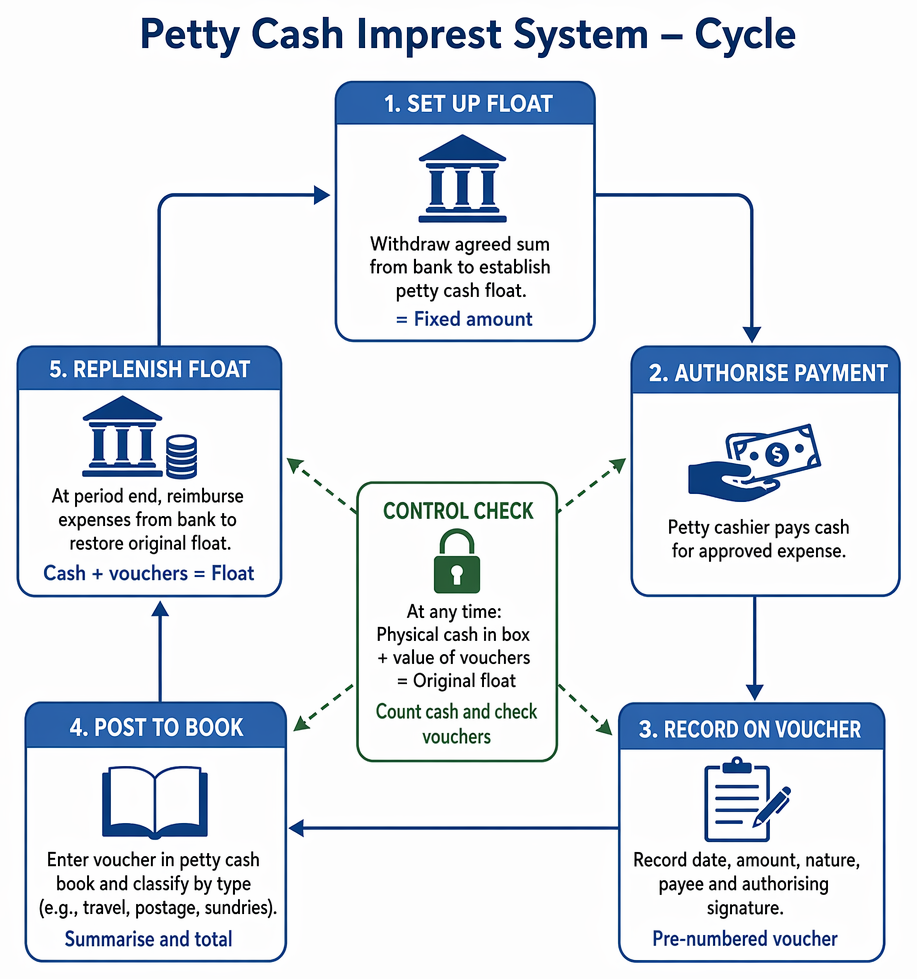 Petty cash imprest reconciliation and replenishment cycle using cash counts, vouchers, reimbursement requests, float restoration, and discrepancy investigation.