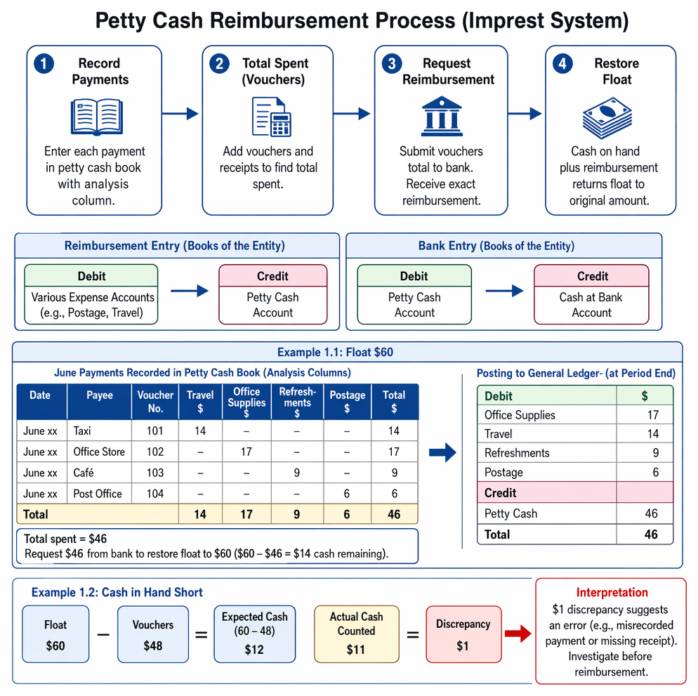 Petty cash imprest reimbursement postings from voucher totals to expense account debits and bank-funded float replenishment.