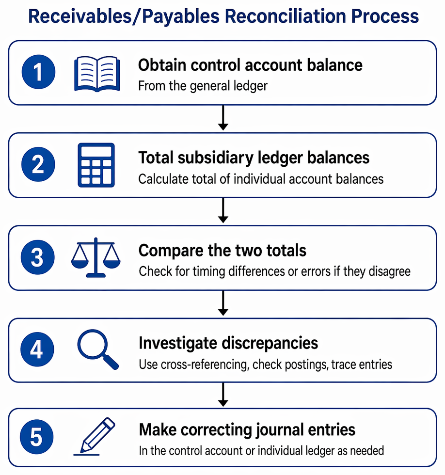 Control account reconciliation discrepancies classified as omitted entries, double postings, listing arithmetic errors, wrong account postings, and misclassified non-trade items.