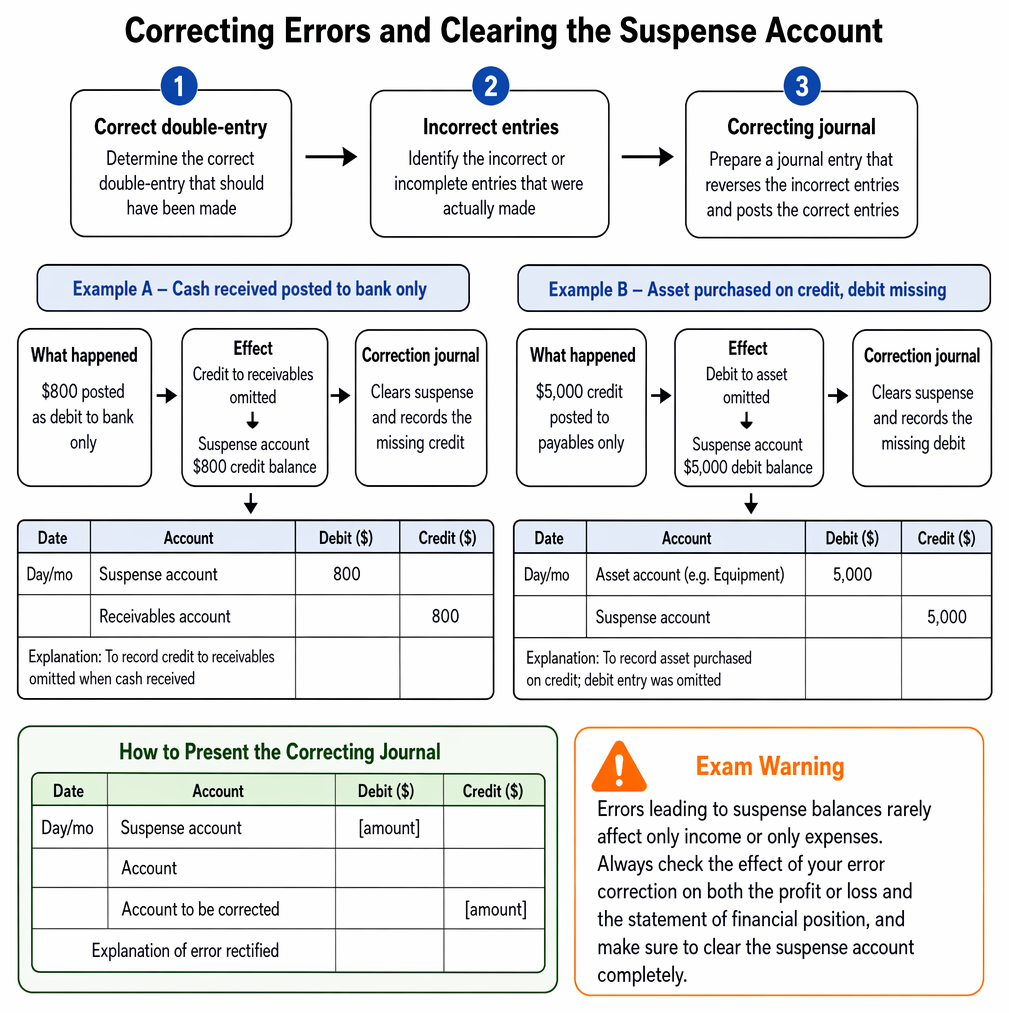 Suspense account correction process from trial balance disagreement to journal adjustments, suspense clearance, repeated investigation, and final agreement before financial statements.