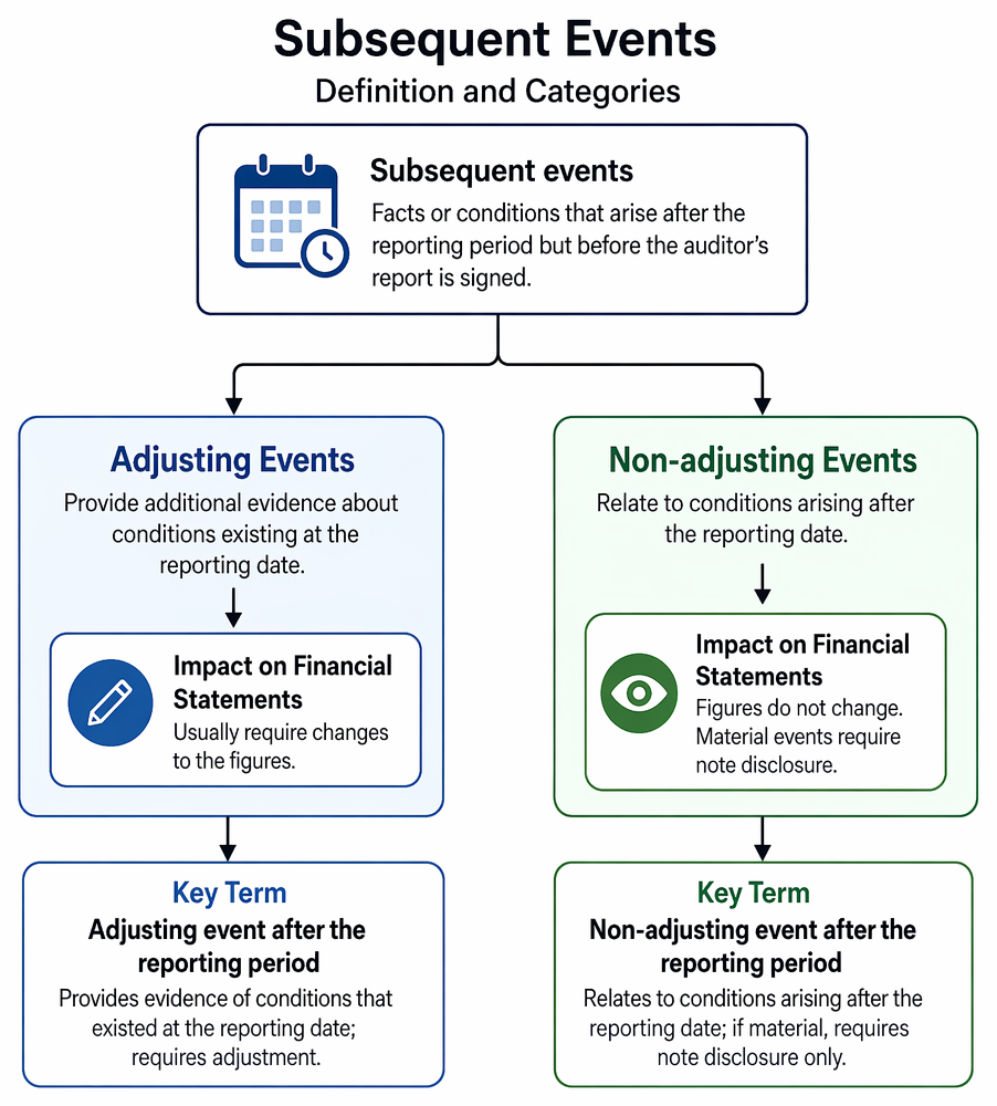 Subsequent events procedures from reporting date to auditor's report date, including enquiries, minutes review, interim financials, record inspection, evaluation, representations, and conclusions.