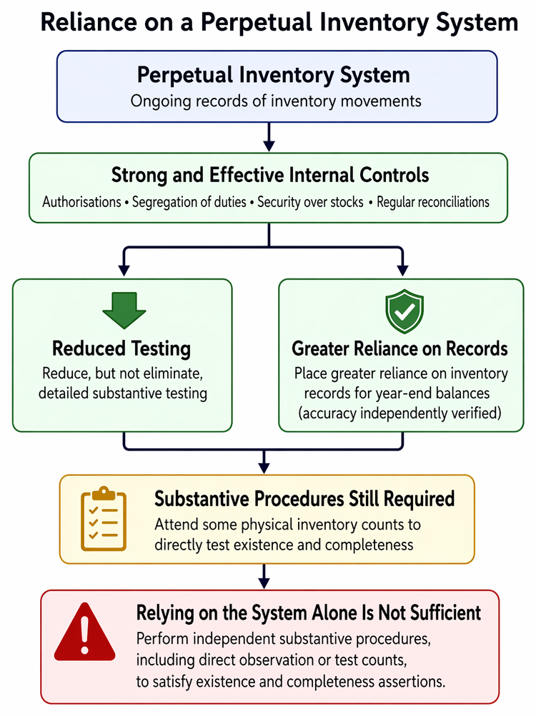 Inventory audit assertions linking existence, completeness, and valuation to substantive procedures including test counts, cut-off testing, invoice verification, and net realisable value review.