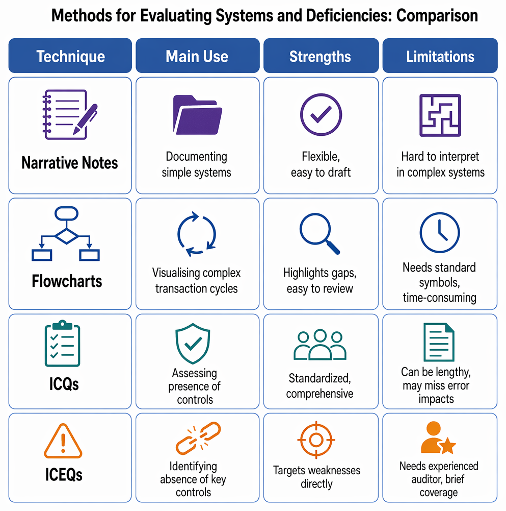 System documentation methods selected by process complexity, transaction volume, and reporting-line emphasis: narrative notes, flowcharts, or organisation charts.