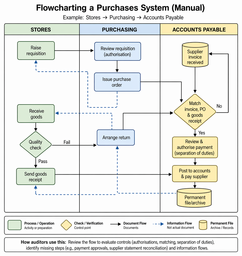 Selection criteria for narrative notes versus flowcharts in documenting accounting systems, based on process complexity, departmental interfaces, routine transactions, and control visualisation needs.