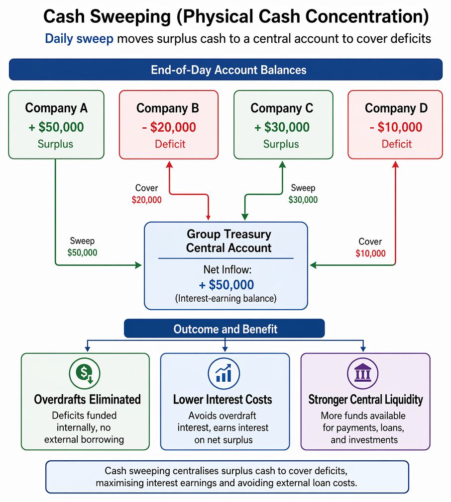 Notional pooling with separate accounts, no physical fund transfers, and bank offset of debit and credit balances for net interest calculation.