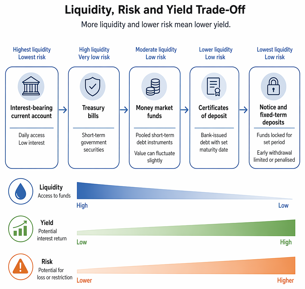 Short-term cash investment selection based on funding date, fixed-term maturity matching, liquidity risk, early-withdrawal penalties, yield comparison, and provider credit quality.