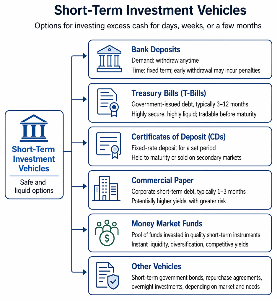 Short-term cash surplus investment selection by access horizon, prioritizing safety and liquidity across call accounts, money market funds, repos, Treasury bills, and deposits.