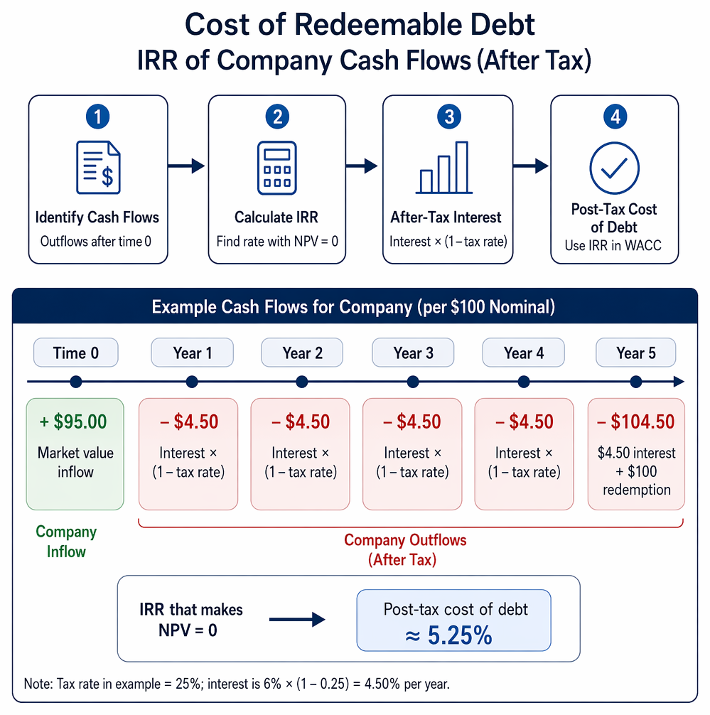 Redeemable debt post-tax cost of debt calculation from inputs through company cash flows, IRR iteration, and WACC application.