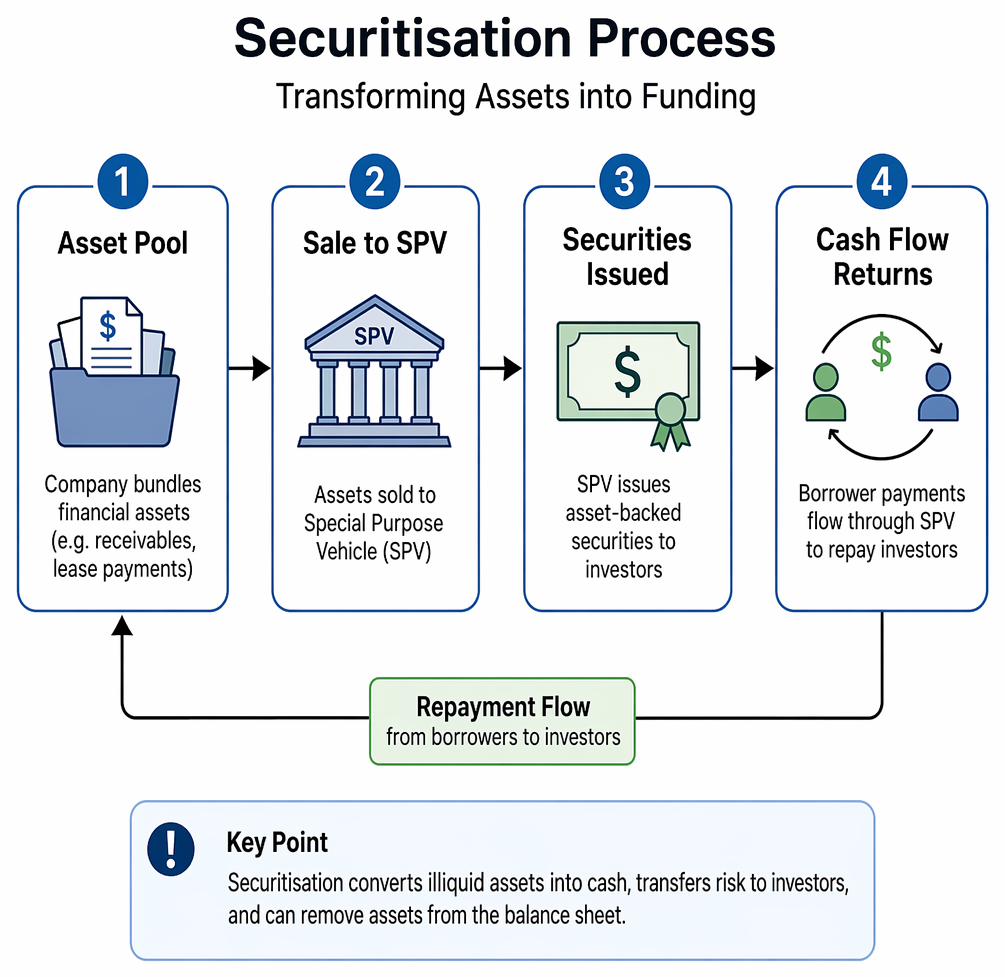 Debt financing decision path linking asset-backed cash flows, confidentiality, and funding priorities to securitisation, private debt, or public bond and bank loan options.