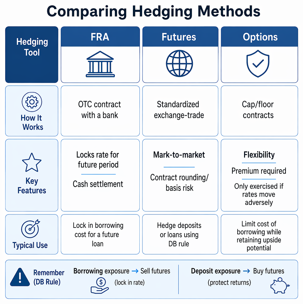 Interest rate futures hedging for borrowings and deposits, with sell or buy positions, close-out transactions, offsetting gains, and residual basis risk.