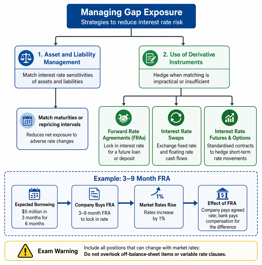 Gap (repricing) exposure outcomes for positive and negative gaps under rising and falling interest rates, showing effects on net interest income.