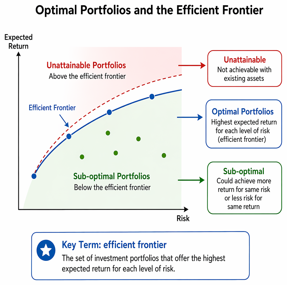 Portfolio construction process from defining investable assets to estimating expected returns, standard deviations and correlations, identifying the efficient frontier, and selecting an optimal portfolio.