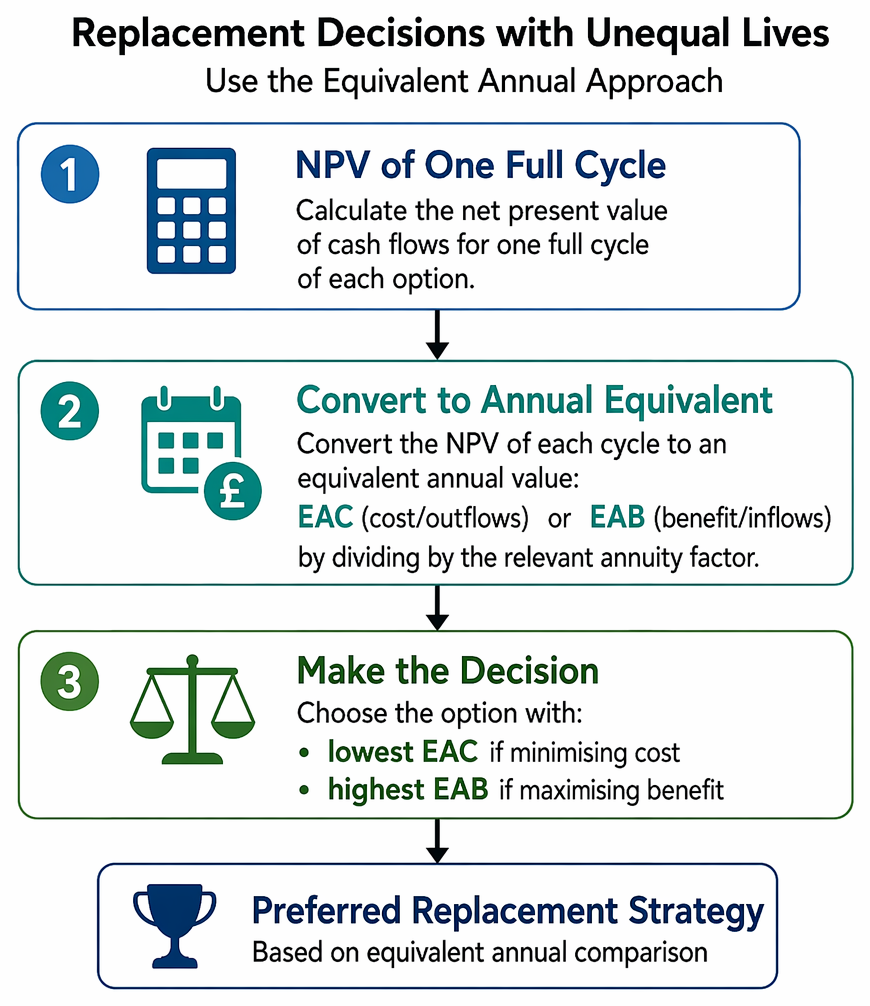 Replacement decisions for unequal asset lives using EAC or EAB, assuming repeated cycles, relevant incremental cash flows, and a cost-of-capital discount rate.