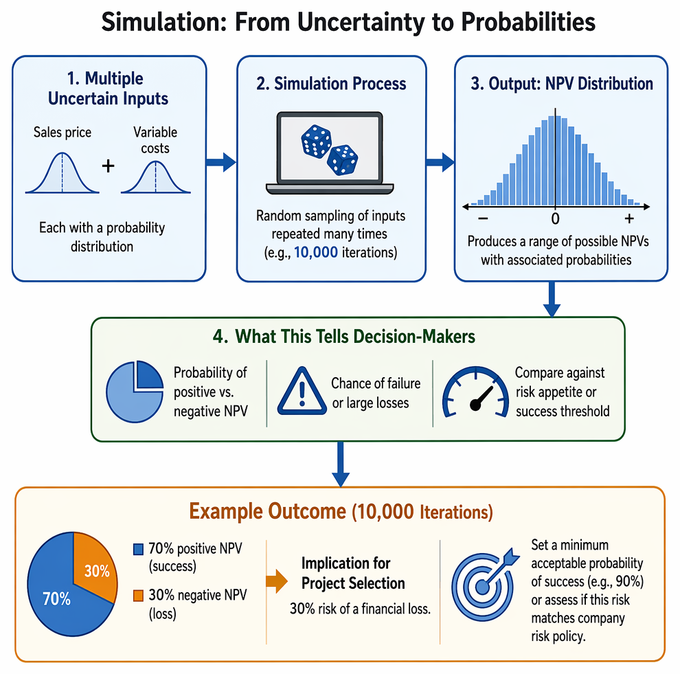 Sensitivity analysis process for project appraisal, from base-case cash flows and NPV to variable selection, present value impact, sensitivity percentage, and ranking.