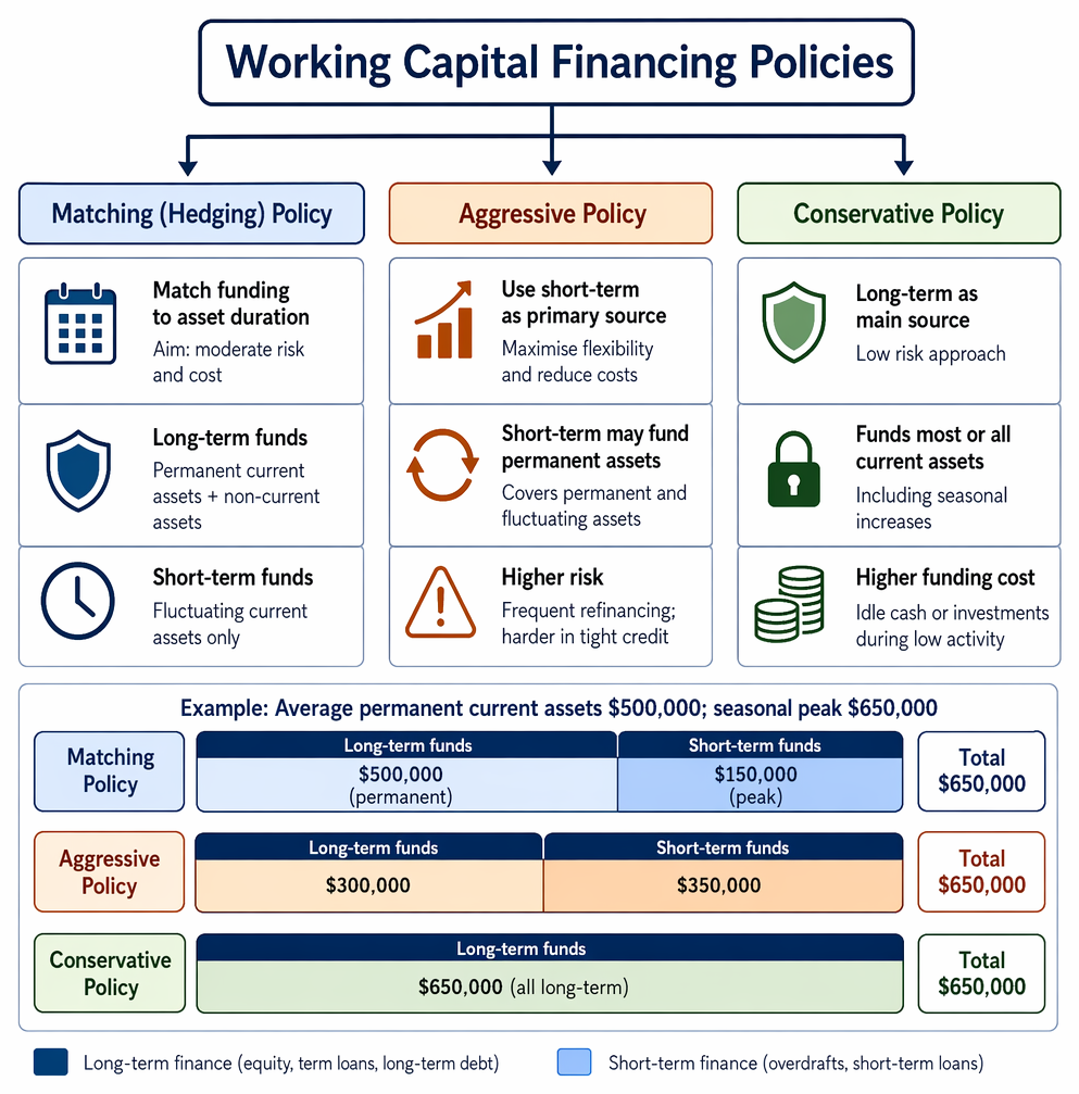 Working capital financing policies for permanent and fluctuating current assets, comparing matching, aggressive, and conservative funding, cost, and refinancing risk.