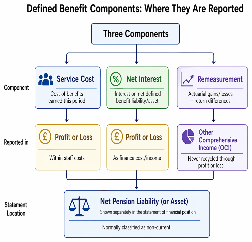 Net defined benefit liability or asset roll-forward under IAS 19, showing service cost, net interest, remeasurement, employer contributions, and closing financial position balance.
